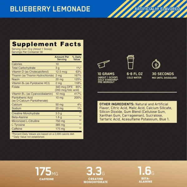 Optimum Nutrition Gold Standard Pre-Workout, Vitamin D for Immune Support, with Creatine, Beta-Alanine, and Caffeine for Energy, Keto Friendly, Blueberry Lemonade, 30 Servings (Packaging May Vary) - Image 7